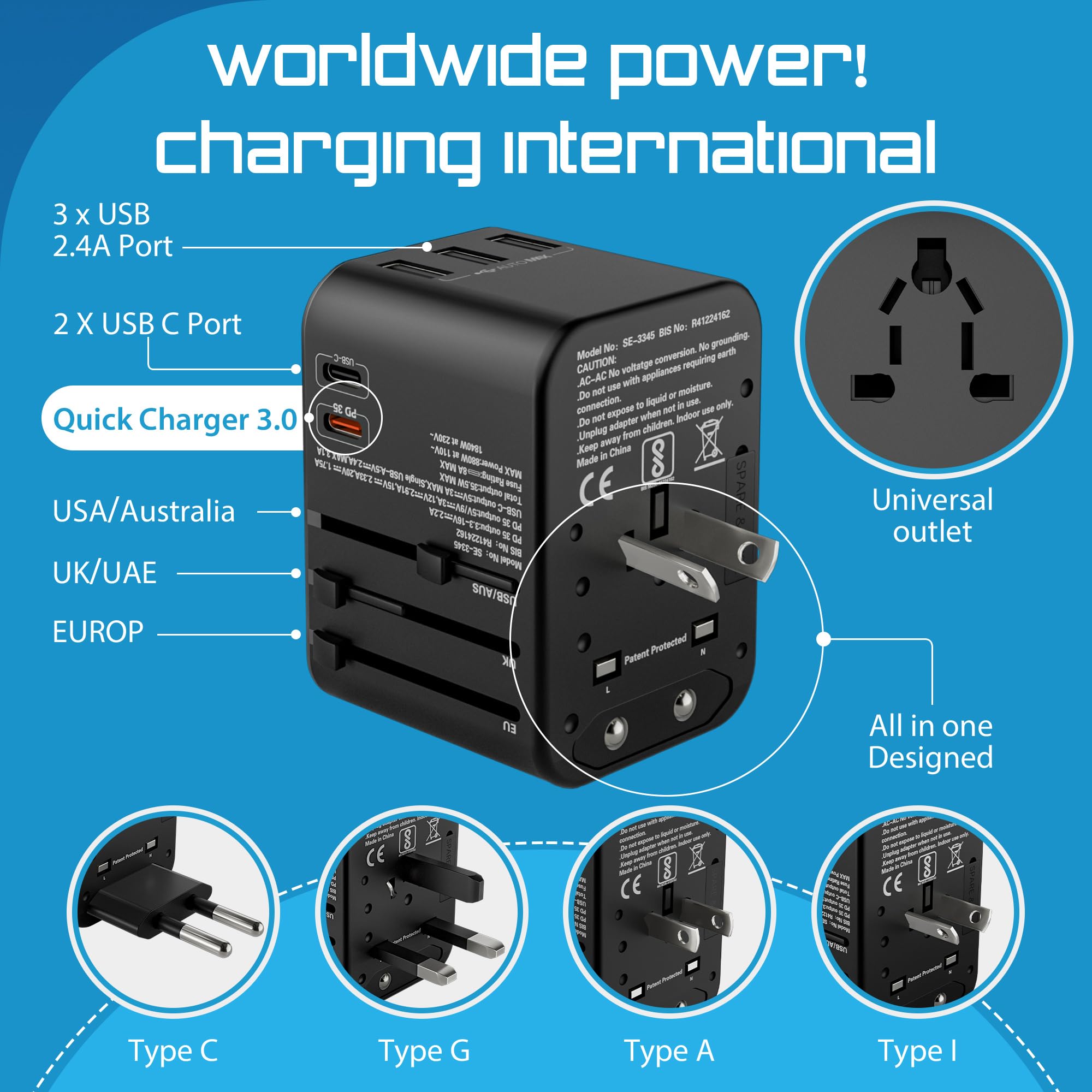 SeCro 6 in 1 Universal Charger Adapter, | 35W PD Fast Charger | 10 Years Warranty | International Travel Adapter with PD, Type C & 3 USB Ports | Worldwide Travel Charger Support +150 Countries — Amazon image 3