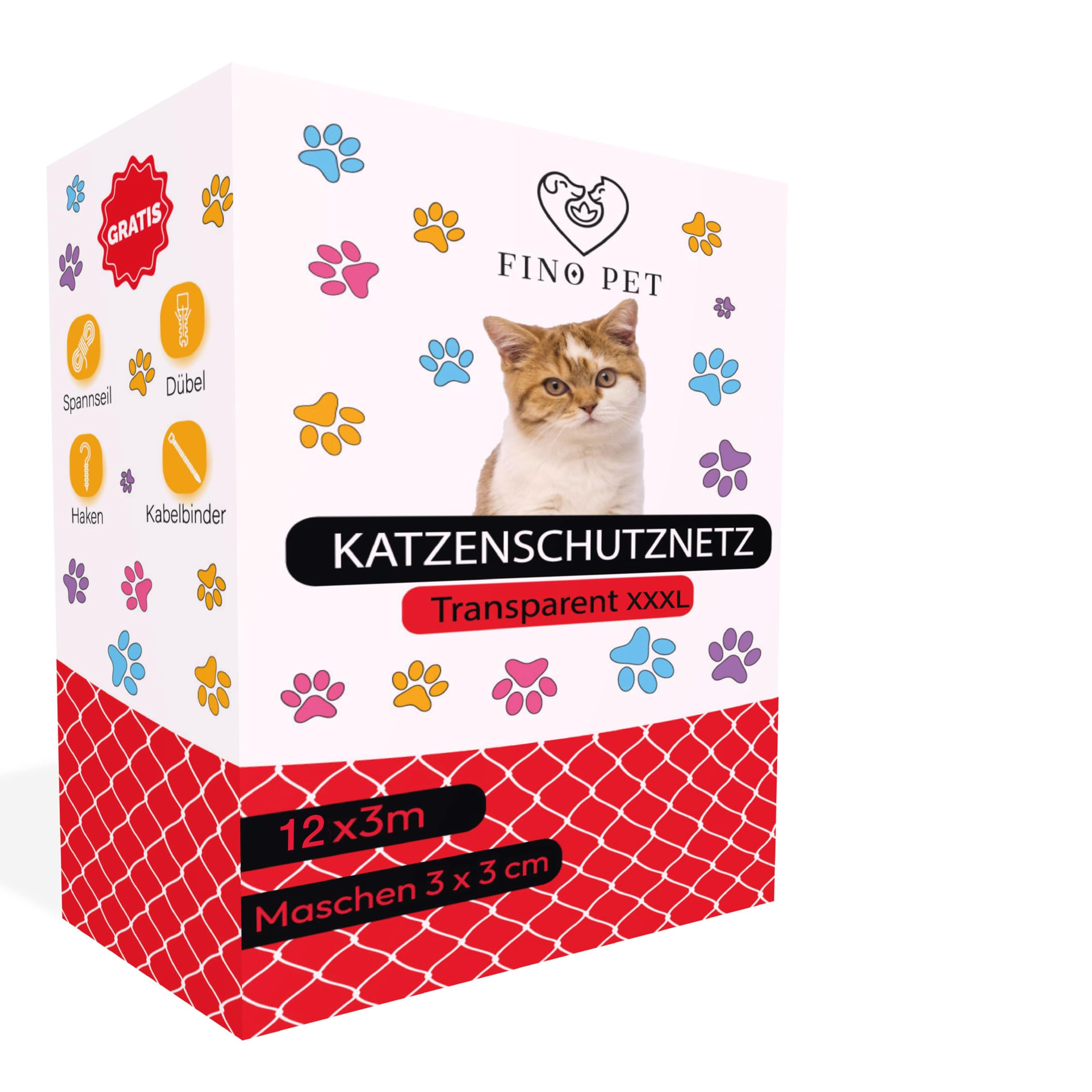 Katzennetz 12x3 Meter für Balkon transparent inklusive Befestigungsmaterial, Katzenschutznetz Katzengitter Schutznetz Sicherheitsnetz Balkonnetz für Katzen, Katzennetz für Balkon ohne Bohren