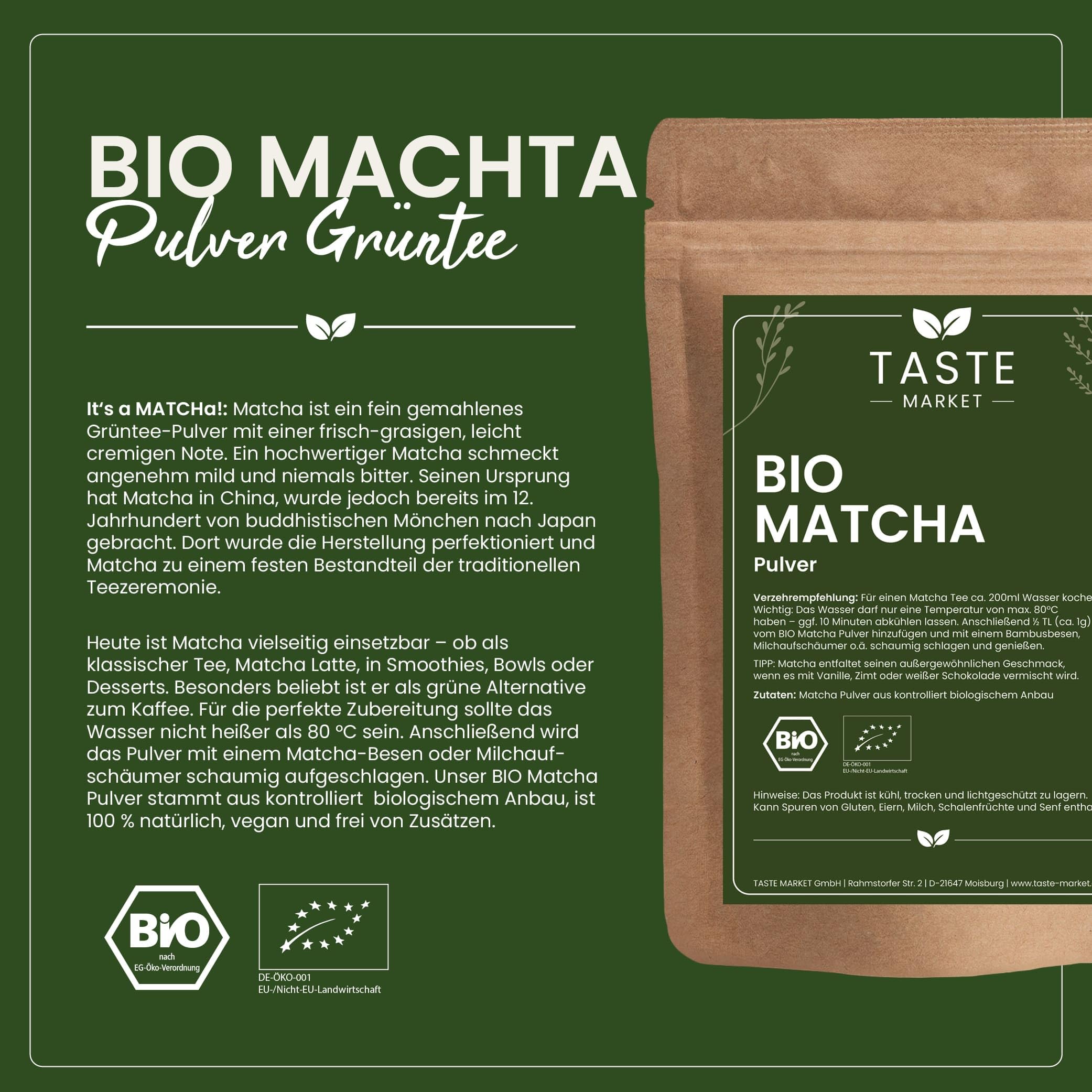 BIO Matcha Pulver 2 kg | Matcha-Latte | Tee | Kaffeealternative | Bio-Qualität | Taste Market