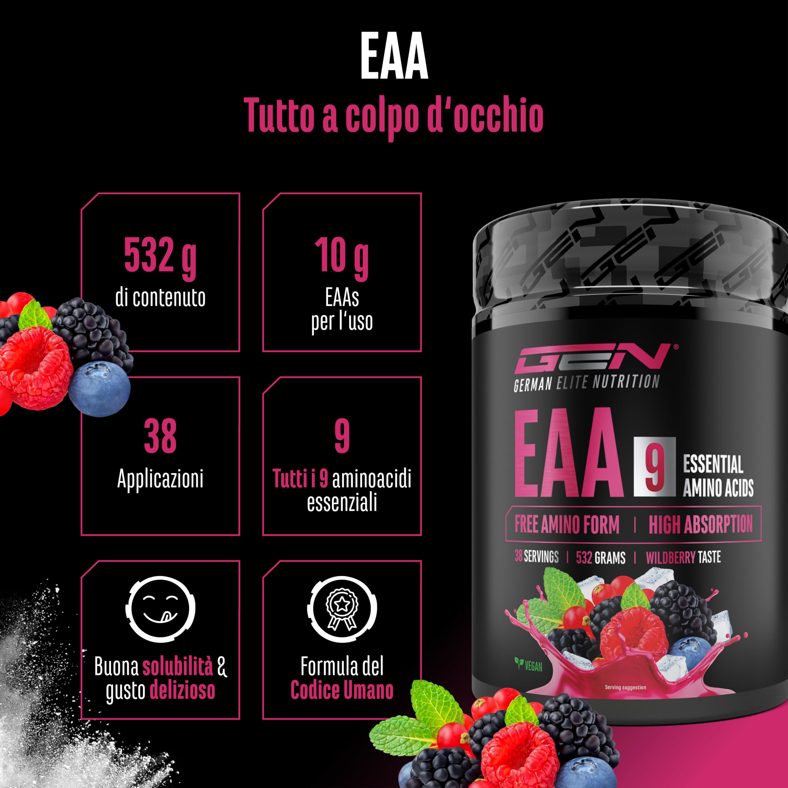 Polvere EAA 532 g (38 porzioni) - Tutti i 9 aminoacidi essenziali incl. istidina e BCAA - Formula Human Code - Vegano - Molto solubile - Bevanda di amminoacidi rinfrescante (Wildberry)