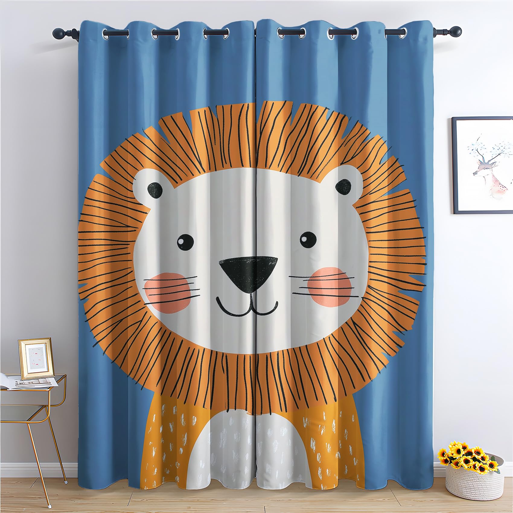Luxfieo Lion Blackout Curtains for Living Room Bedroom - 90 Inch Drop Curtains 46x90, Kids Boys Cartoon Safari Animal Patterned Window Treatments, Thermal Eyelet Drapes 2 Panels T#304