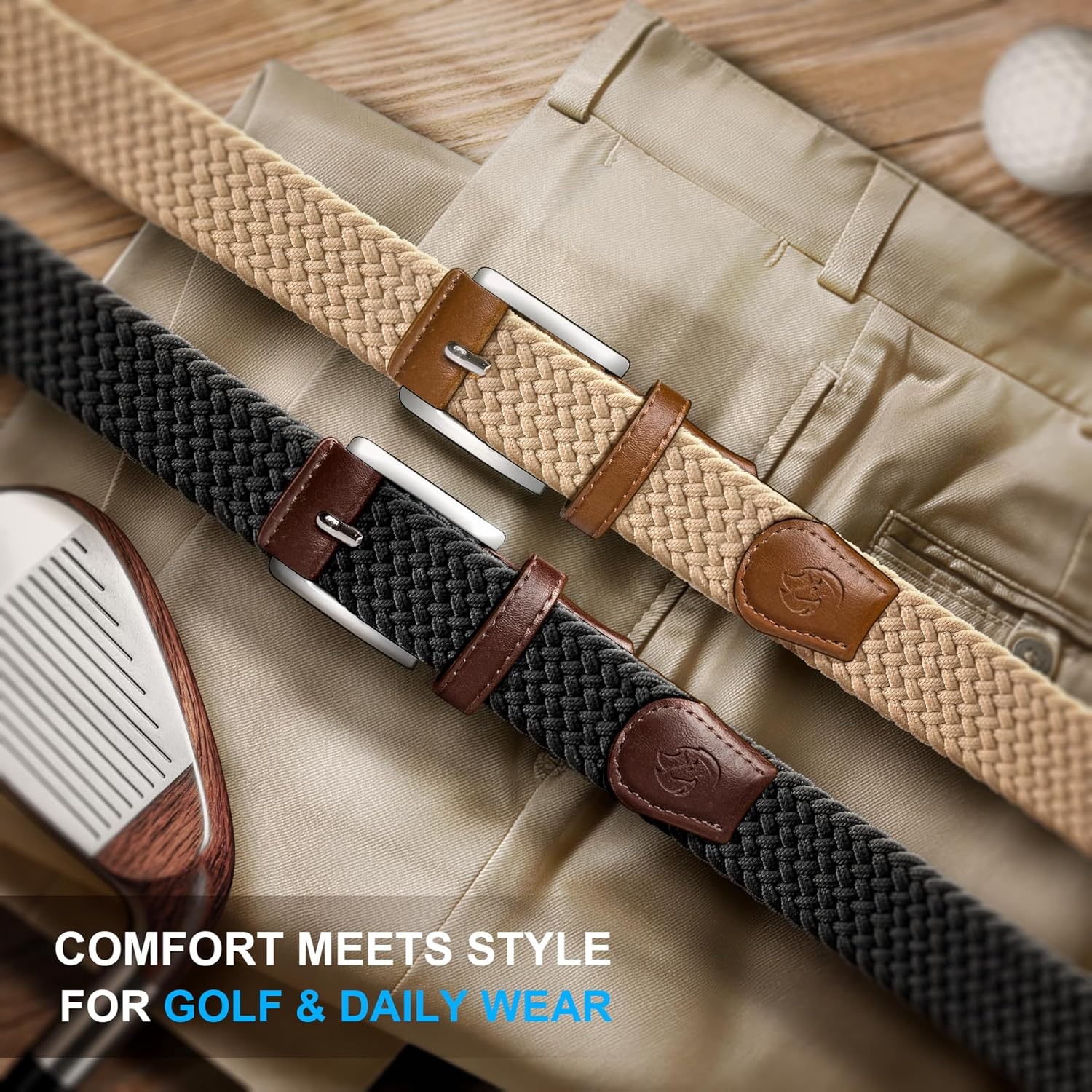 Men's Golf Belt 2 Pack - 1 3/8" Braided Stretch Elastic Web Belt, Gift Boxed for Casual Jeans, Sports & Work