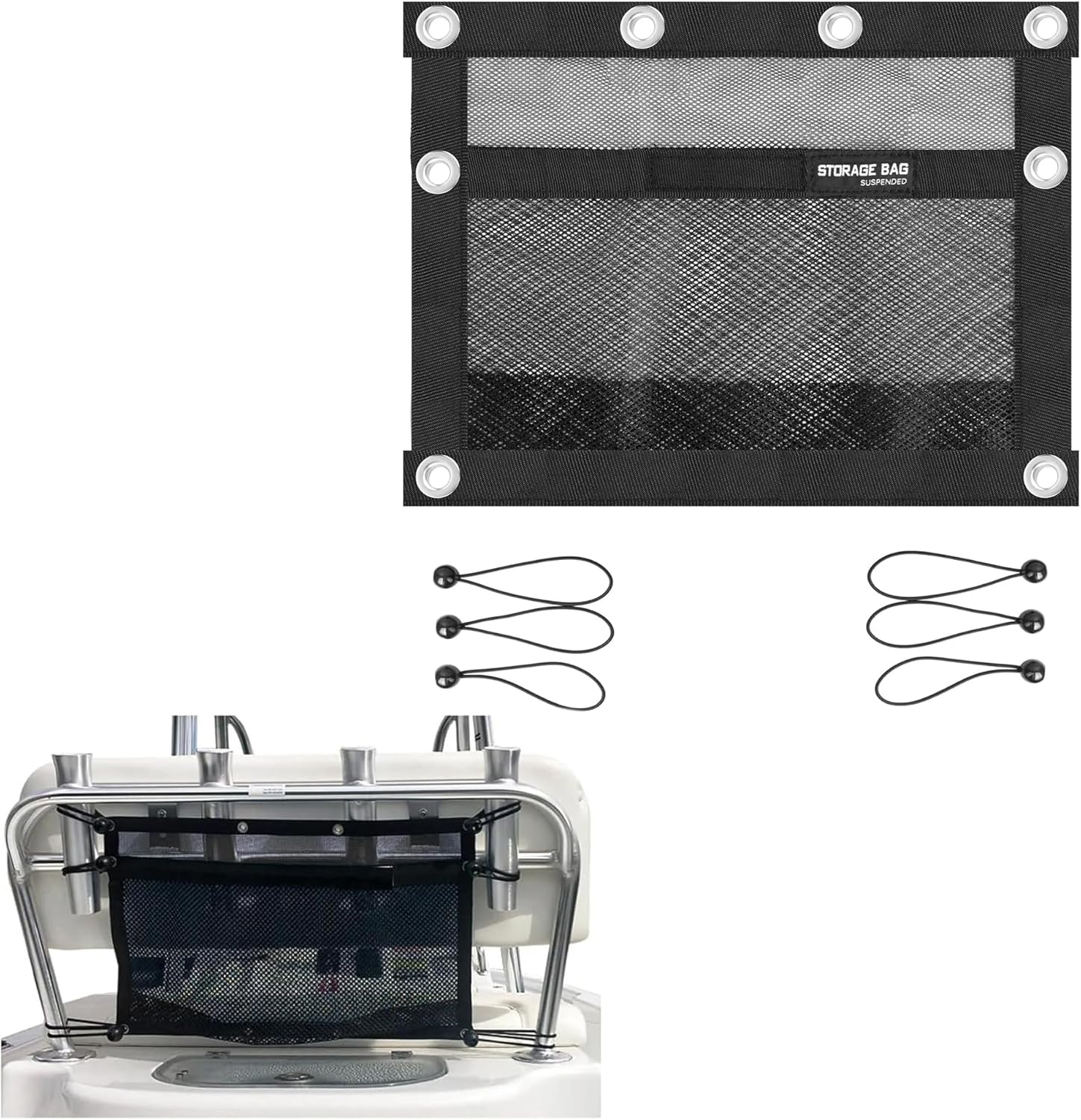 Upgrade Boat Storage Bag,Mesh Suspended Storage Organizer, Cargo Net Pocket Organizer Pouch Bag,Boat,Truck SUV Travel Long Road Trip Camping Interior Accessories with 6 pcs Elastic Ring (16 INCH)