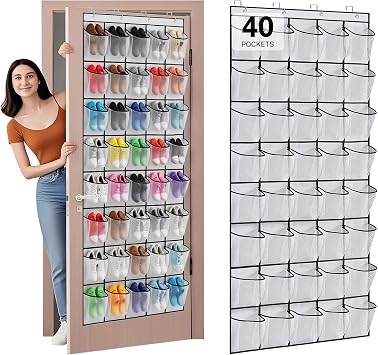 40 Large Mesh Pocket Over the Door Shoe Organizer,Hanging Shoe Rack for Door,Hualleko Shoes Organizer Hanger with Large Capacity, Shoes Storage Holder Sturdy Non-woven Fabric - Stores 20 Pairs White