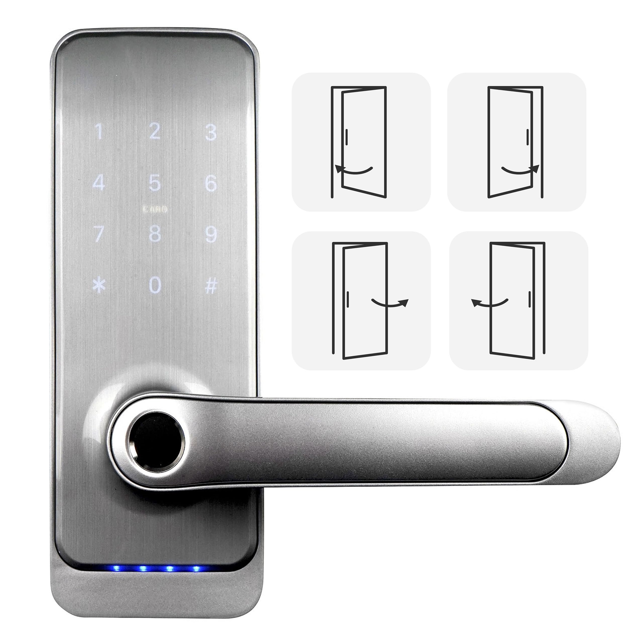 EURA ELH-01H4 Cerradura de puerta inteligente con manija Cerradura de código 13.56MHz Lector de proximidad lector biométrico IP65 Espaciado de cerrojo universal Plata