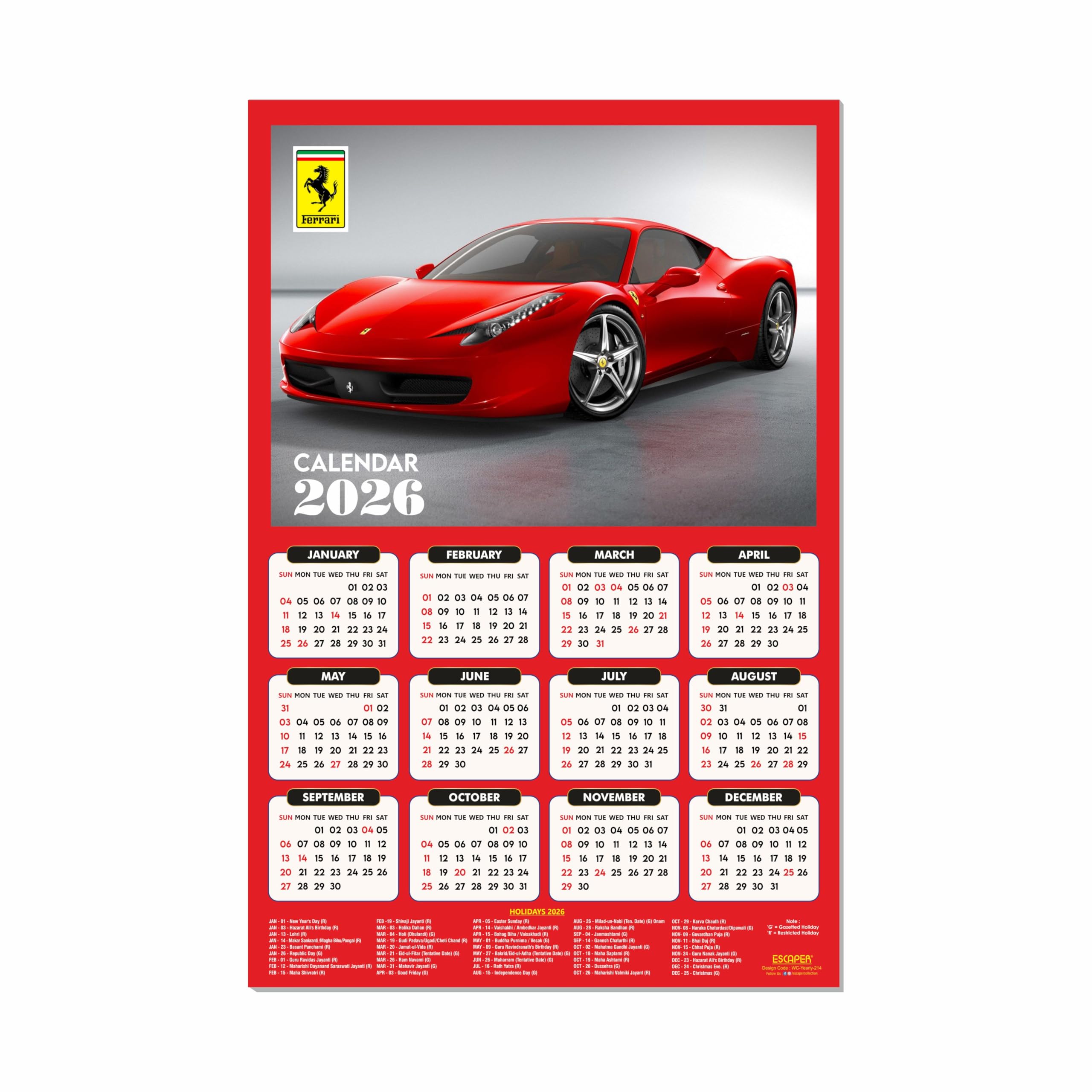 ESCAPER Calendario de pared de coche 2026 - 45 x 30 cm, decoración de pared de coche deportivo y automóvil, calendario colgante grande para decoración de habitación y hogar