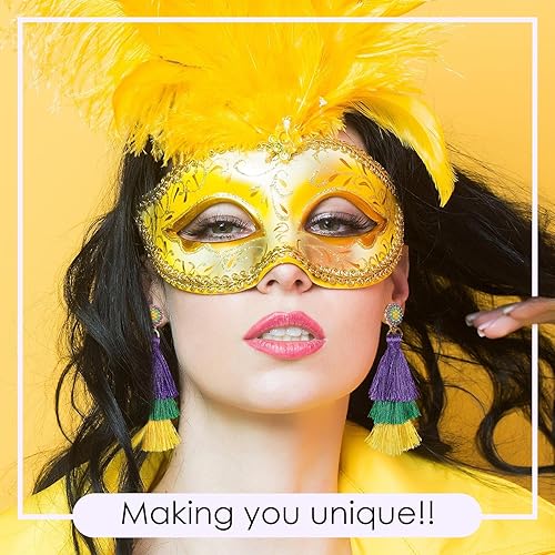 Miniatura 4 de Loetere 8 pares de aretes colgantes de Mardi Gras con temática de carnaval, aretes de borla de Mardi Gras para mujeres y niñas, regalos de Mardi