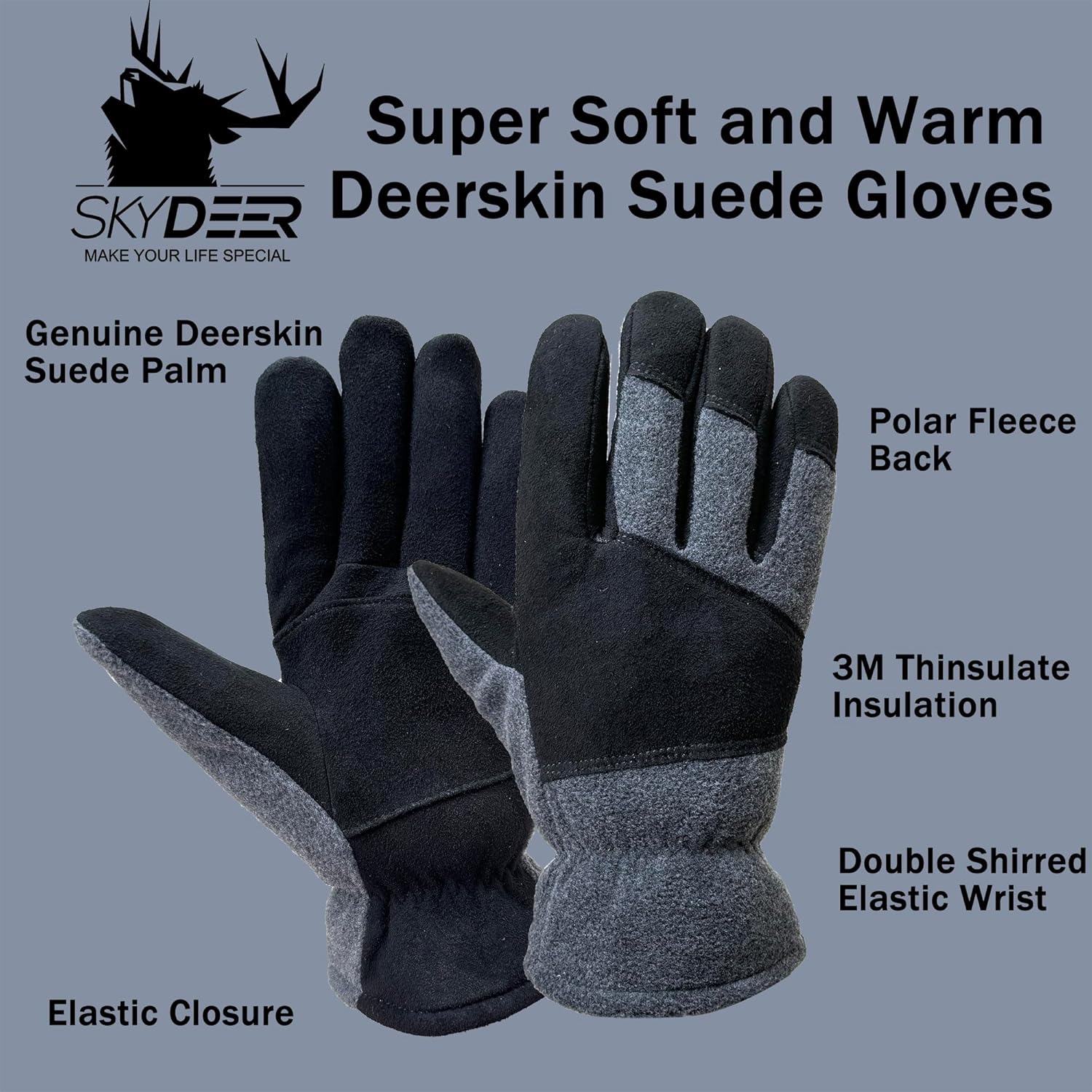 SKYDEER Super Soft and Warm Winter Gloves with Deersplit Leather Suede and 3M Thinsulate Insulation for Cold Weather SD5176T - Image 3