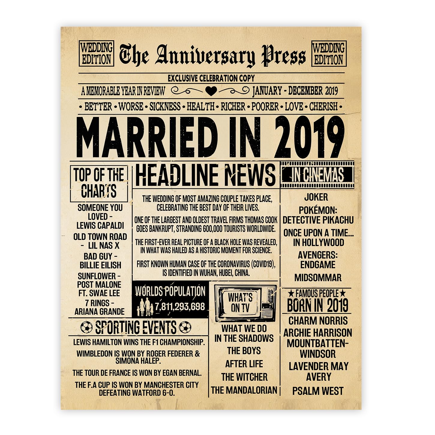 Stuff4 7th Anniversary Poster Unframed - Married In 2019 Newspaper - 7 Wedding Anniversary for Men Women Retro Vintage Gifts Back In 2019, 8x10 Inch Anniversaries Posters