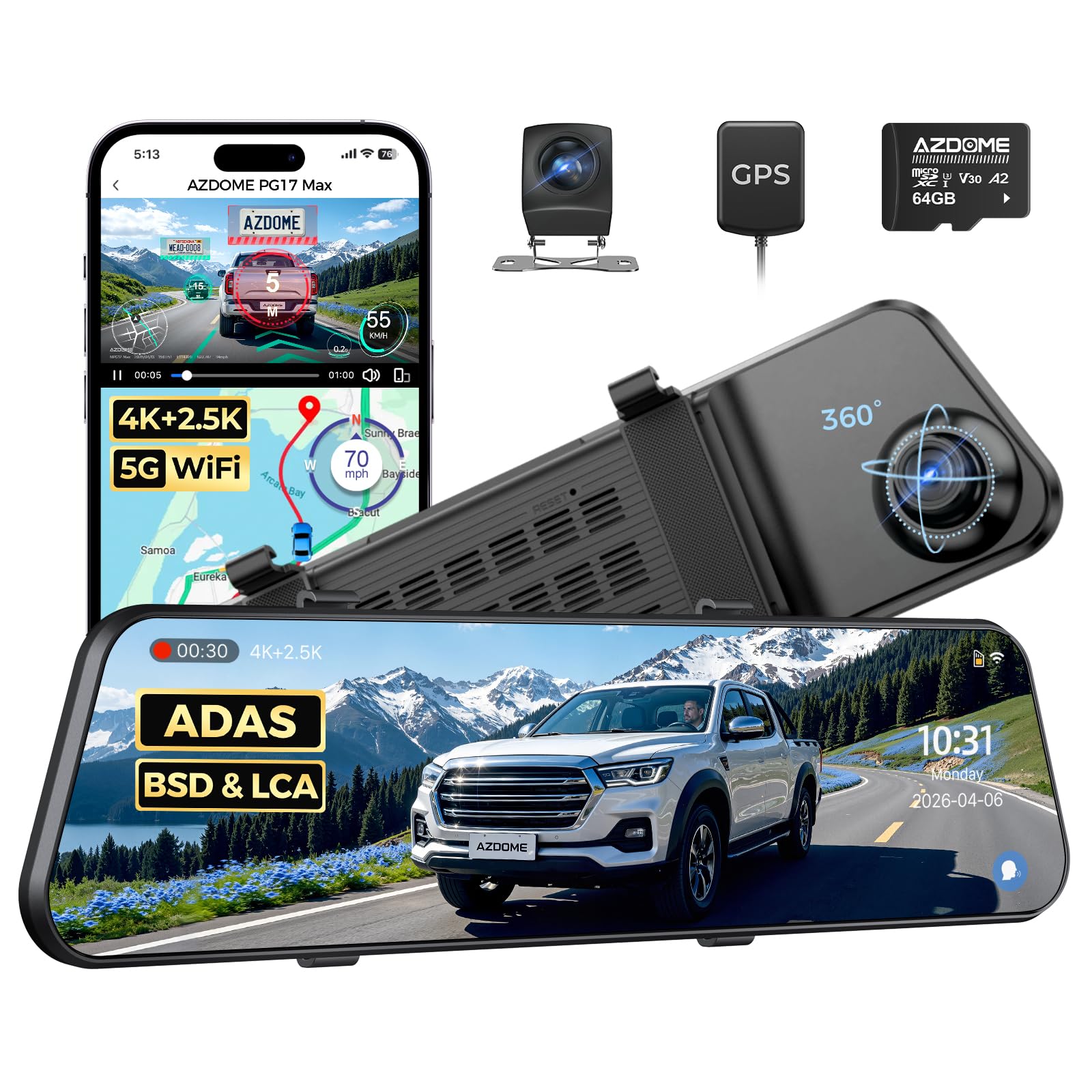 Amazon.com: AZDOME 4K+2.5K Mirror Dash Cam with AR effects, ADAS