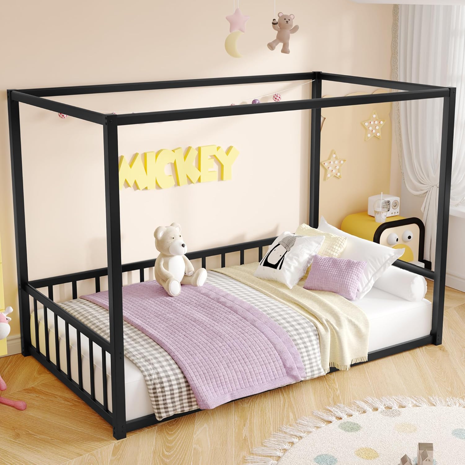Twin Size Canopy Floor Bed with 4 Posters and Guardrails, Twin Size Montessori Floor Bed with High Fence, Anti Bump Design, Easy Assemble Montessori Beds, Heavy Duty Canopy Beds Black