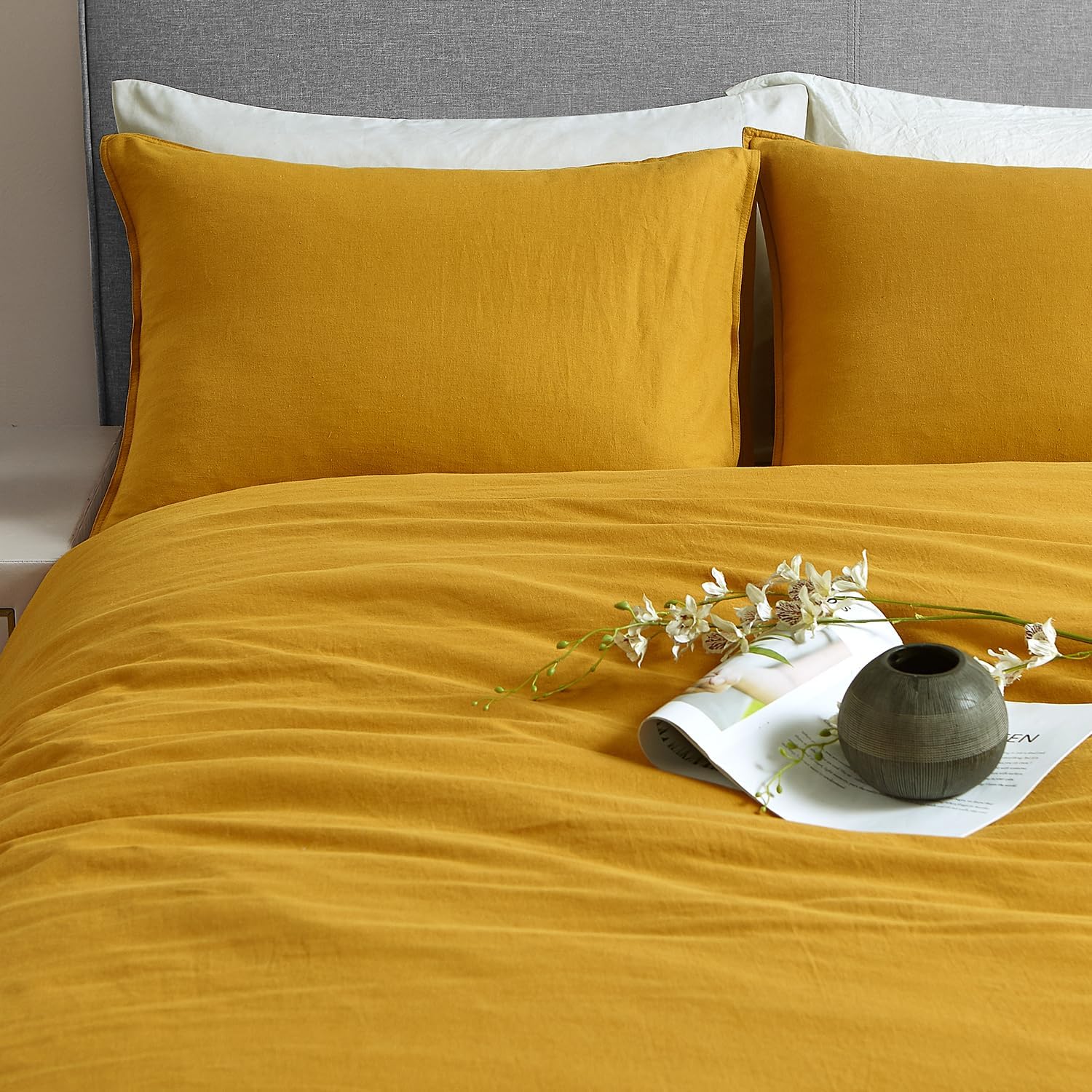 DAPU Linen Duvet Cover King, Washed Lightweight Bedding Set with Buttons Closures, 3 PCs Hypoallergenic Soft Linen Cotton Blend Duvet Cover Set with Multiple Corner Ties (Mustard Yellow, King) - Image 6
