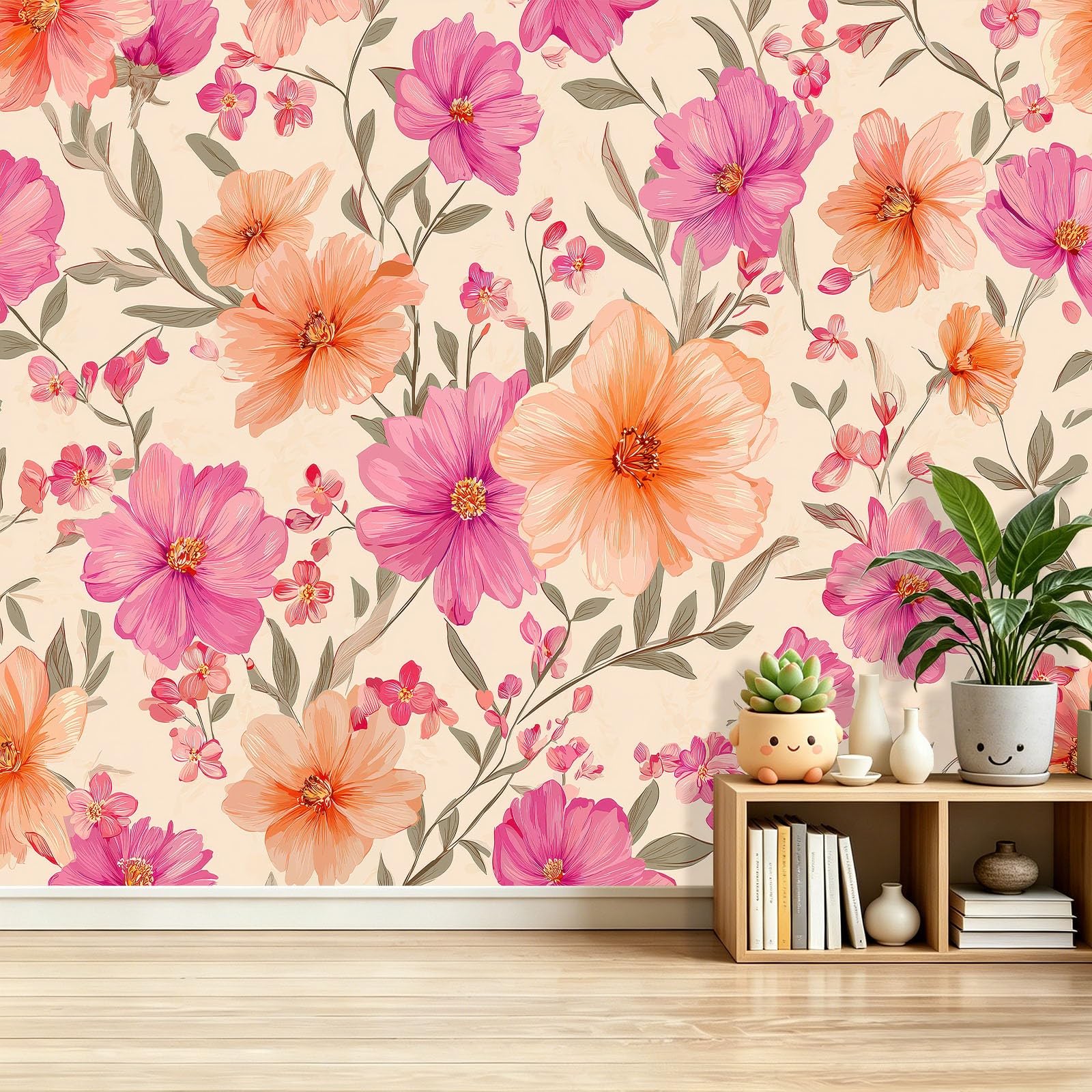 Papier peint panoramique intissé fleurs sauvages rose orange 300x210