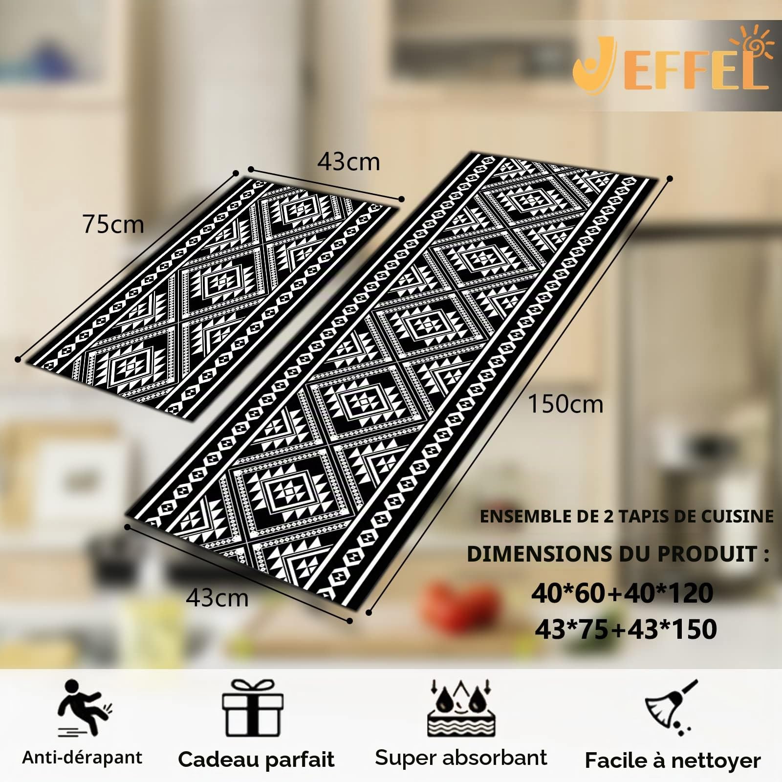Tapis de Cuisine Antidérapants Lavables Anti-Fatigue 43x75+43x150cm Lot de 2