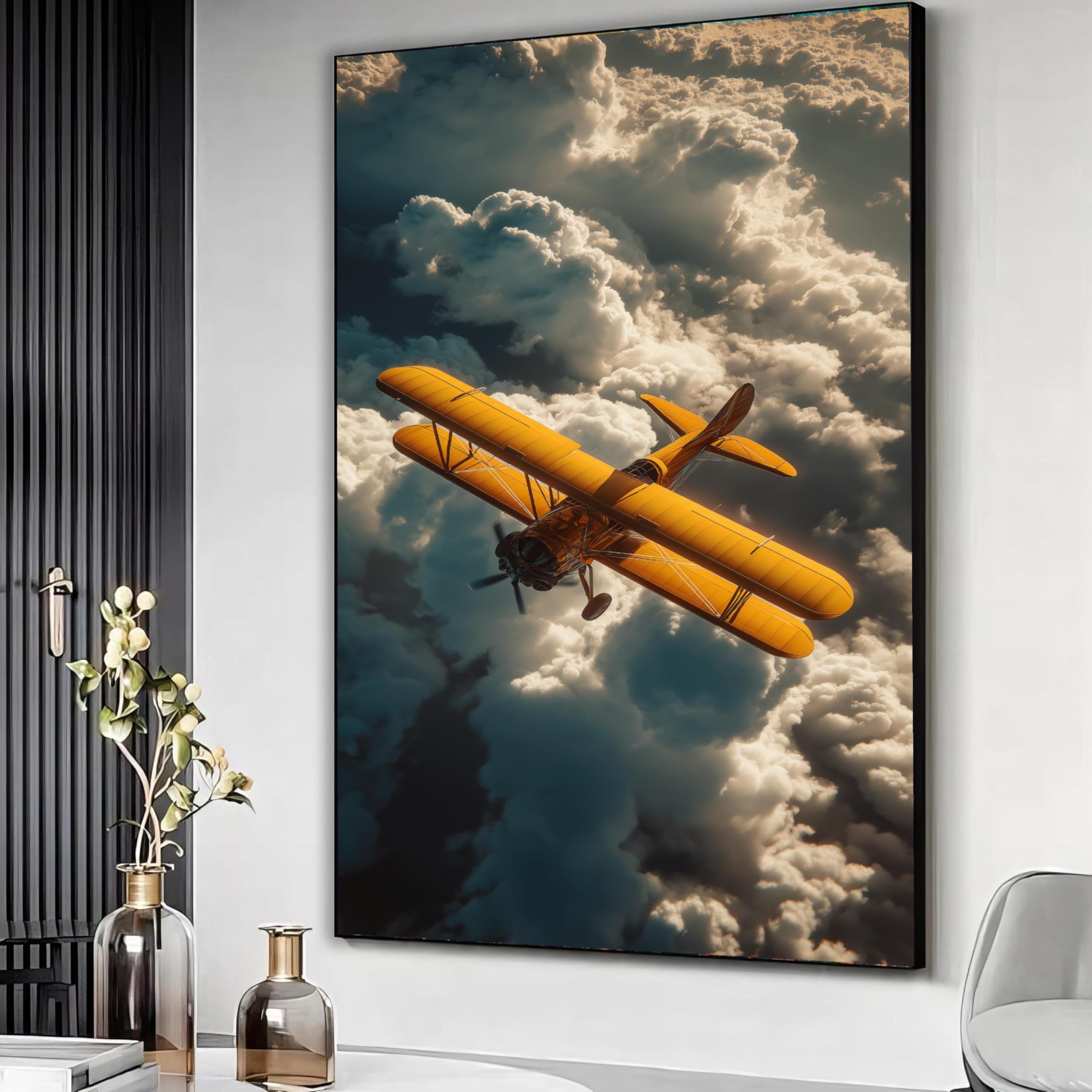 XBTYKPB Vintage Yellow Biplane Flying Above Clouds Canvas, Aviation Wall Art, Retro Airplane Decor, Sky Cloud Landscape Canvas(60x80cm/Frameless)