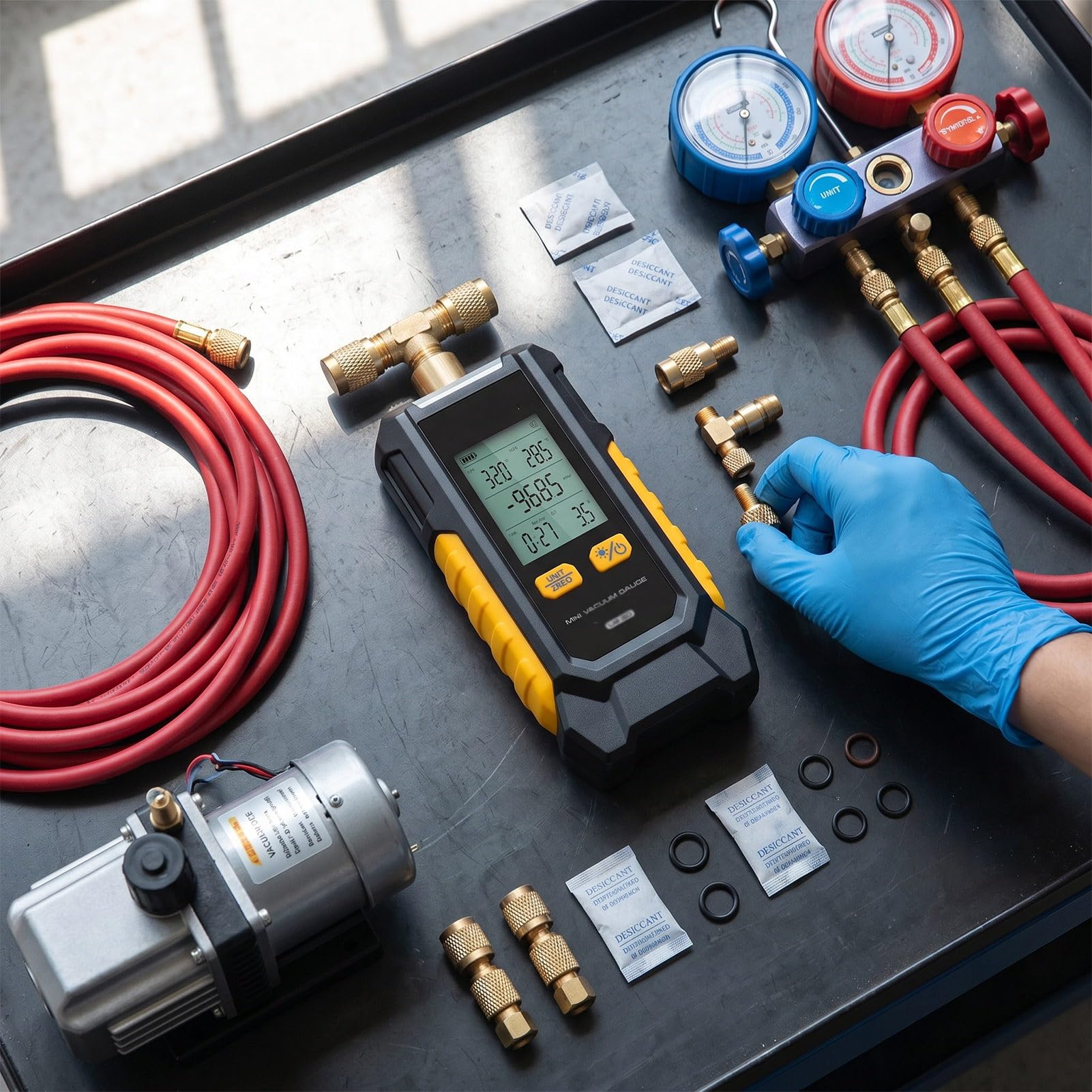 Luocute Vacuómetro Digital, Medidor de Vacío HVAC con Evacuación Inteligente y Detección de Fugas, Resolución de 0,01 Bar, Interruptor de 6 Unidades, Precisión ±0,1%, Calibración