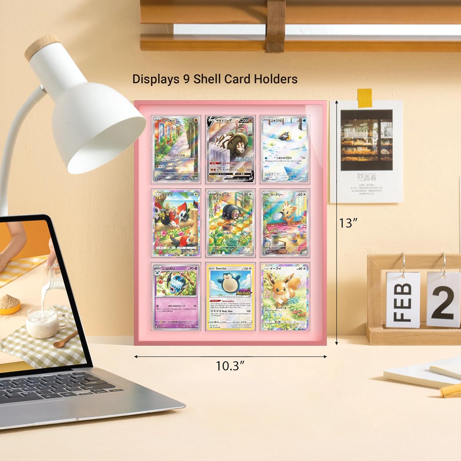 Coral Pink 9-Card Display Case, Seamless Aluminum Frame with Tempered Glass for Graded Cards, Baseball, Football, Basketball, Sports Card & TCG, Wall Mount Trading Card Frame, Includes 9 Shell Holders