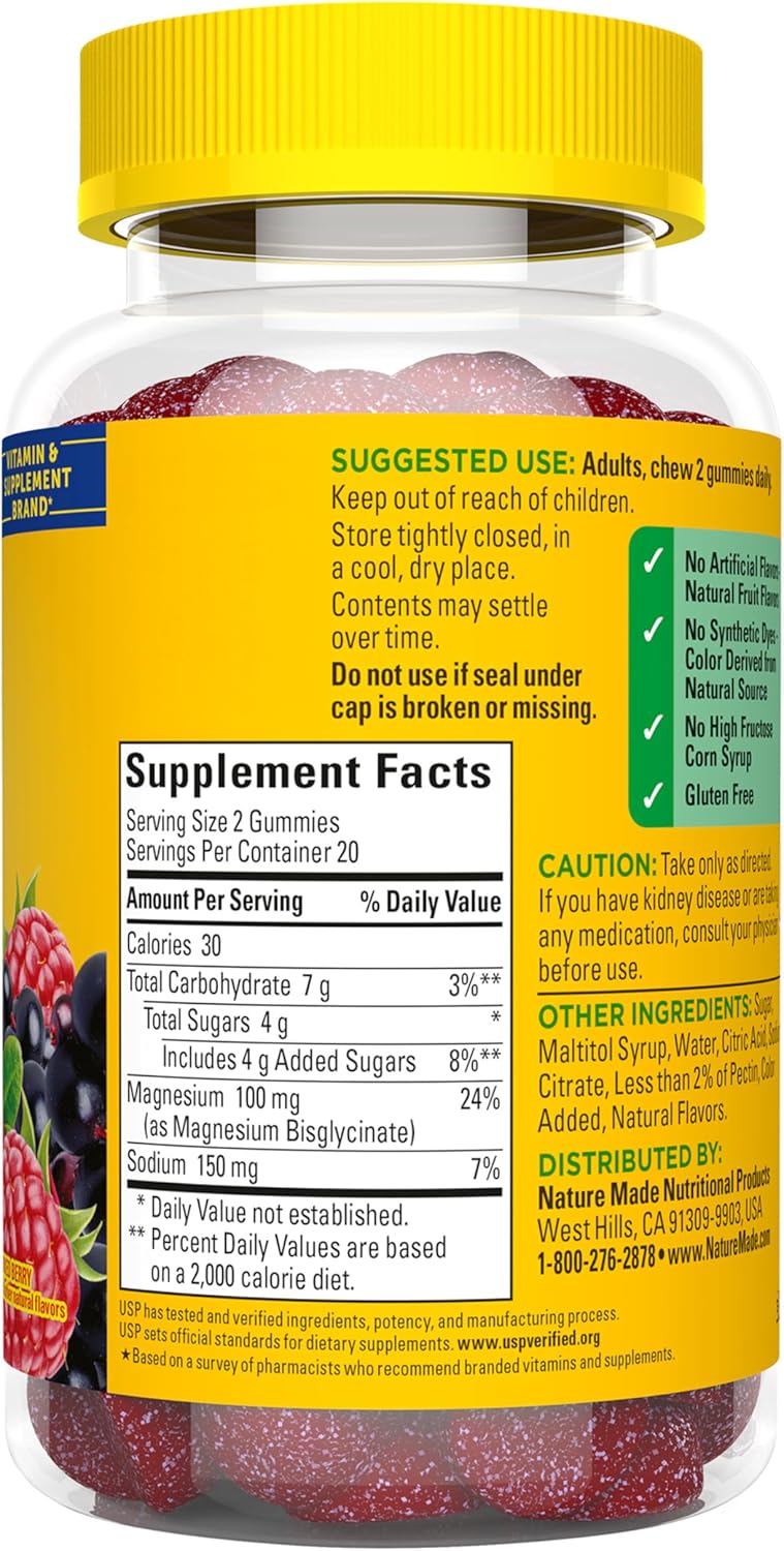 Nature Made High Absorption Magnesium Glycinate Gummies 100 mg per Serving, Muscle, Nerve, Bone and Heart Support, Magnesium Supplement, 40 Magnesium Gummies, 20 Day Supply