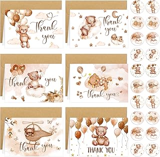 Tudomro 24 Pack Bear Baby Shower Thank You Cards with Envelopes and Stickers Set Brown Kid Thank You Notes Blank Inside Watercolor Cards with Envelopes Baby Shower Cards for Boy Girl Birthday Party