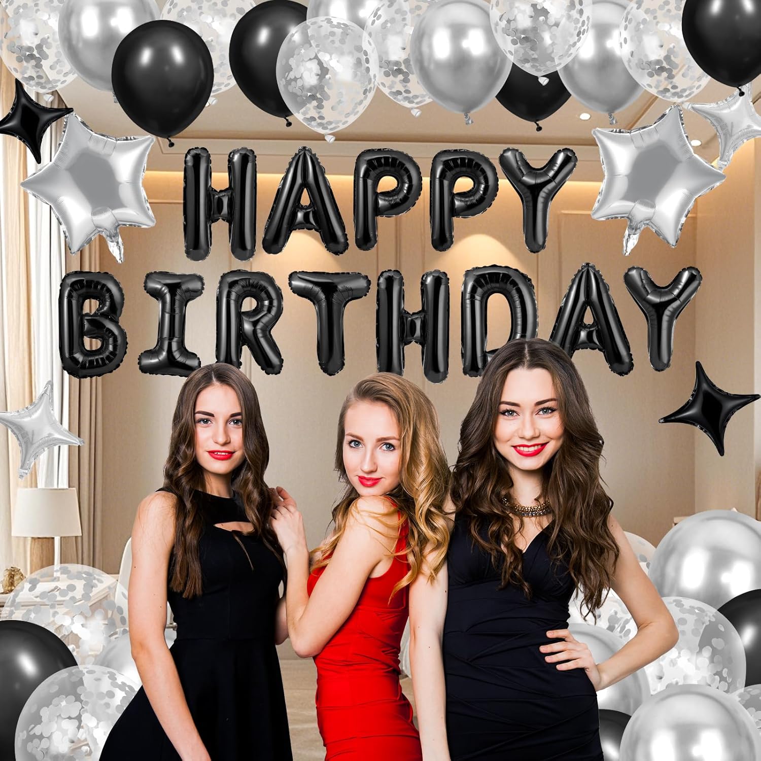 Black Happy Birthday Balloons Decorations Silver and Black Birthday Balloon Letters Banner with 6 Pcs Star Balloons 1000 Artificial Rose Petals 24 Flameless LED Candles for Room Birthday Party Decor