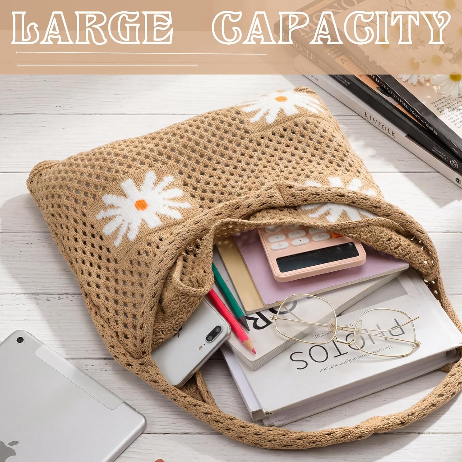Abbylike Crochet Tote Bag for Women Aesthetic Daisy Mesh Beach Bag Boho Knitted Shoulder Handbag Casual Cotton Knit Tote Bags for Travel Vacation Shopping