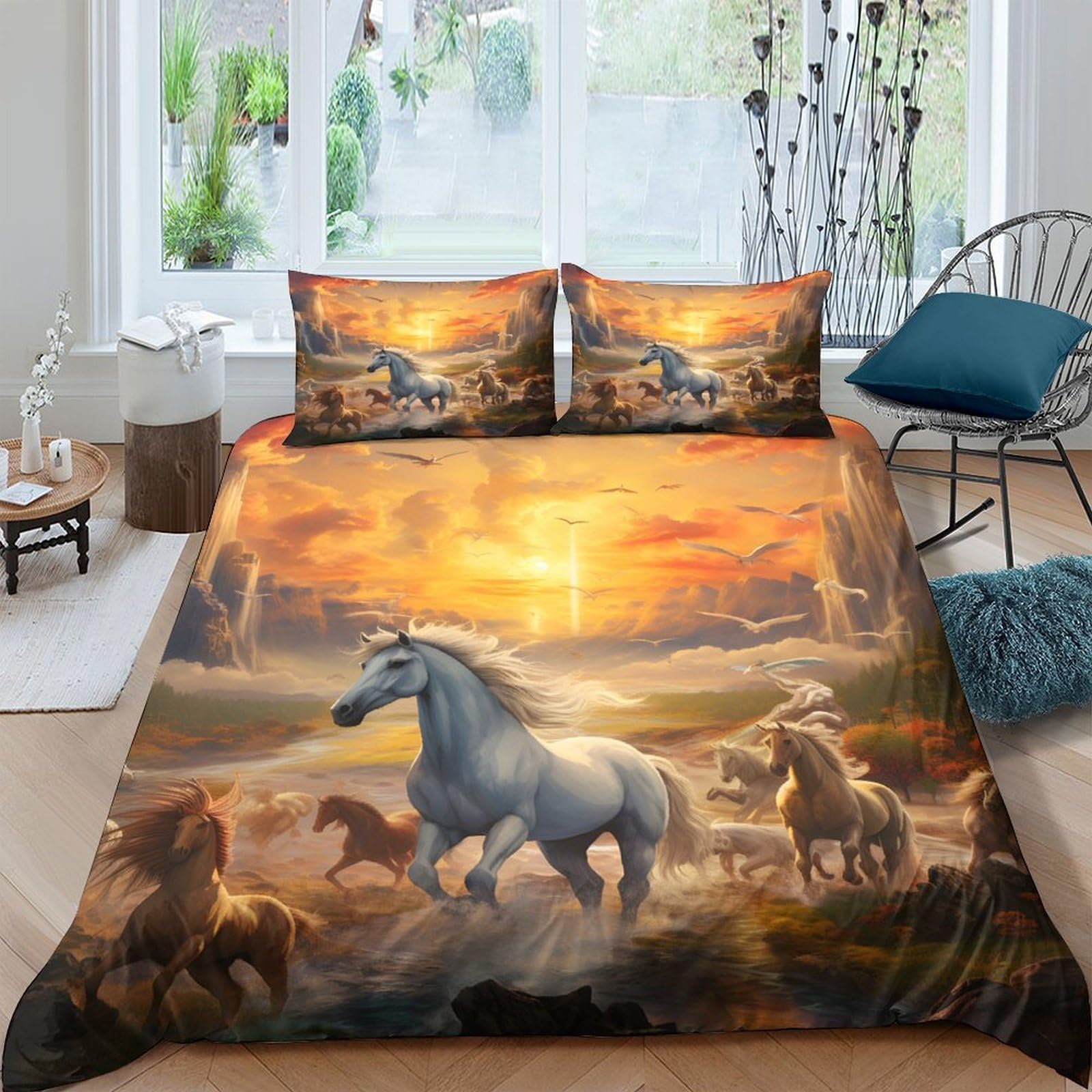 Ctjqhvkz Style-3 3D Printed Wild Horse Sunset Fitted Sheet Microfiber Soft Bed Sheet For Bedroom Guest Room Mattress Decor Single（135X200cm）