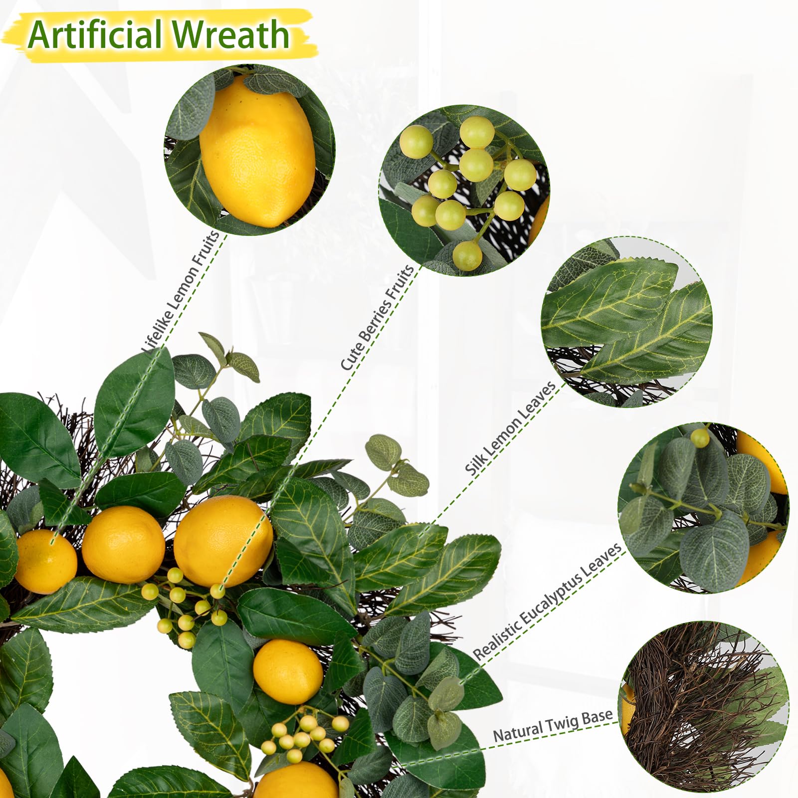 Corona de flores artificiales de 18 pulgadas/46 cm, corona decorativa de limón para puerta de entrada, decoración de pared de casa o decoración de Pascua primavera-verano, hogar, fiestas, puertas,