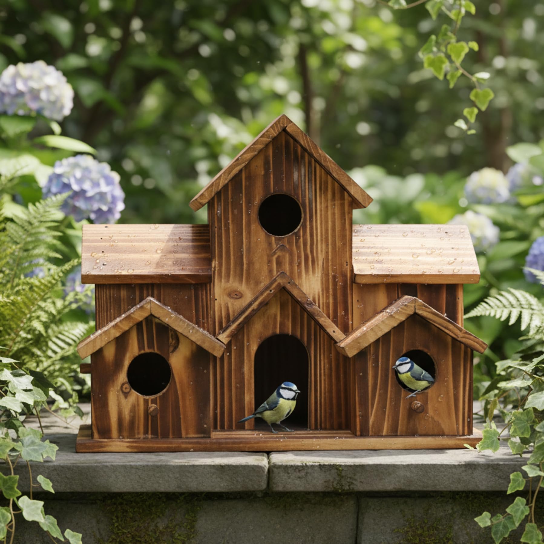 Exterior Bird House With Multiple Chambers, Wood Outdoor Birdhouse For Feeding And Nesting, Rustic Garden Hanging Decoration For Patio Yard, Outdoor Birdhouse, Bird Houses, Exterior House
