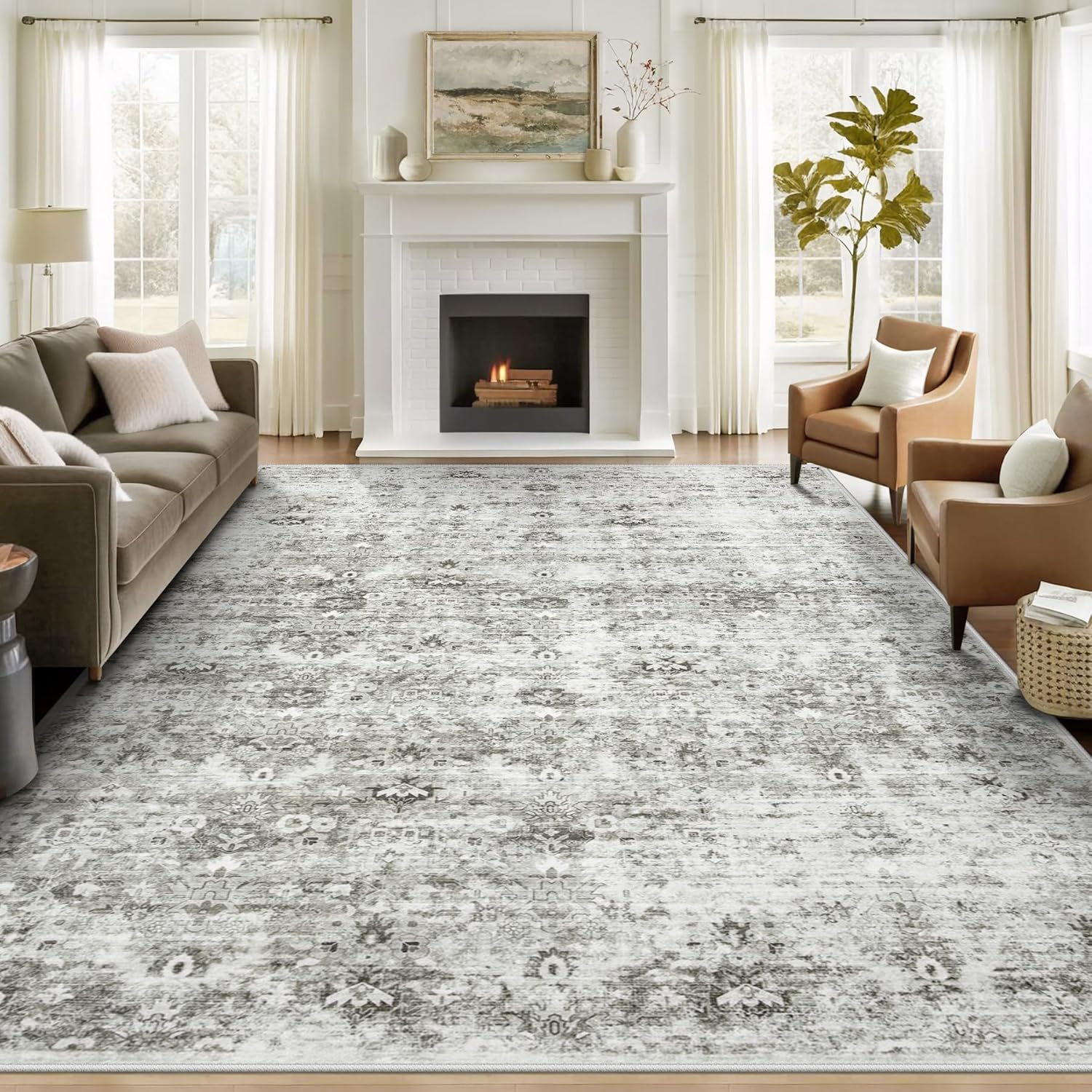 8x10 Area Rugs Washable Rug, Vintage Boho Large Area Rug Soft Non Slip Low Pile Indoor Floor Carpet Retro Distressed Kids Rug for Living Room Bedroom Nursery Dining Room Home Office(Grey, 8'x10')