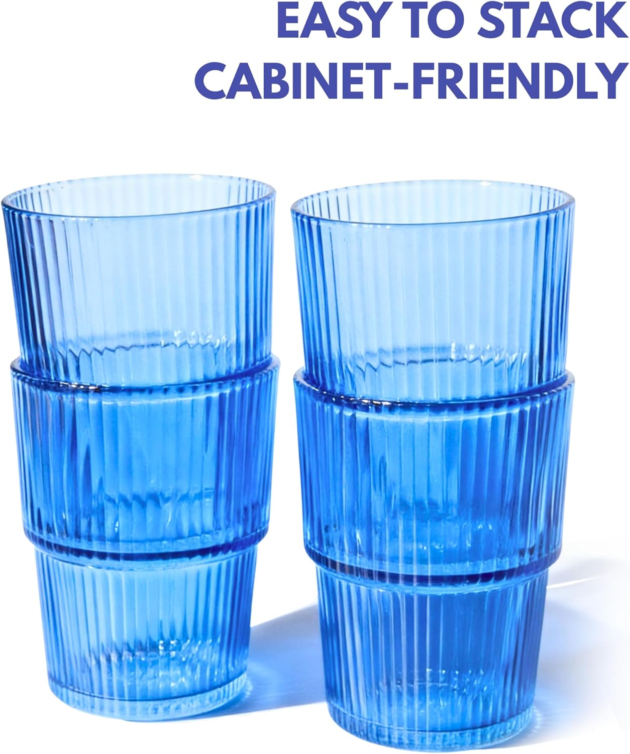 Modern Drinking Glasses Set of 4-14oz Stackable Blue Glass Cups for Kitchen, Everday Beverages, Water, Juice, Iced Coffee, Elegant Hostess Gifts & Home Essentials - Image 4