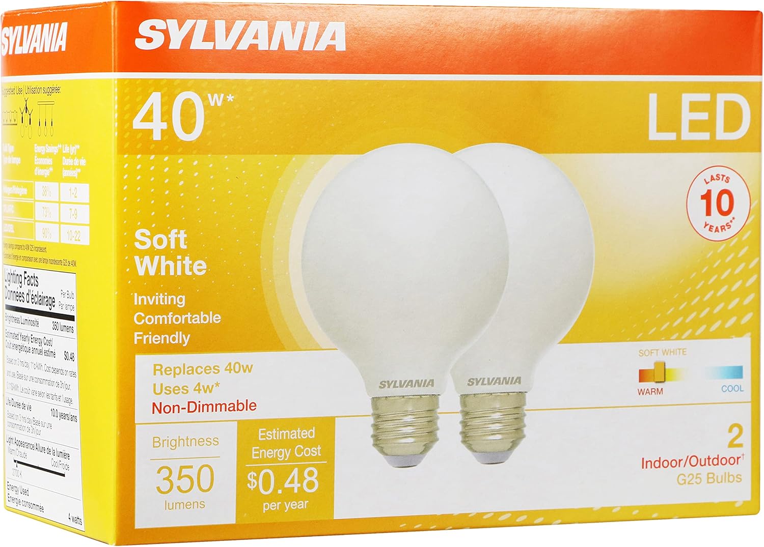 Sylvania G25 LED Light Bulb, 40W Equivalent Efficient 4W, 10 Year, Non-Dimmable, 350 Lumens, 2700K, Soft White - 2 Pack (40214)