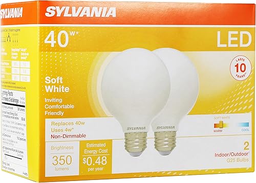 Miniatura 3 de SYLVANIA - Bombilla LED G25, equivalente a 40 W, eficiente 4 W, 10 años, no regulable, 350 lúmenes, 2700 K, blanco suave, paquete de 2 (40214)