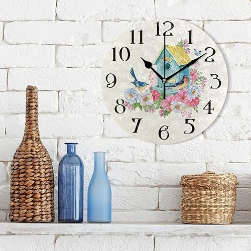 Miniatura 3 de Reloj de pared con pájaros y mariposas, funciona con pilas, reloj analógico de cuarzo redondo de 9.5 pulgadas para baño, cocina, jardín