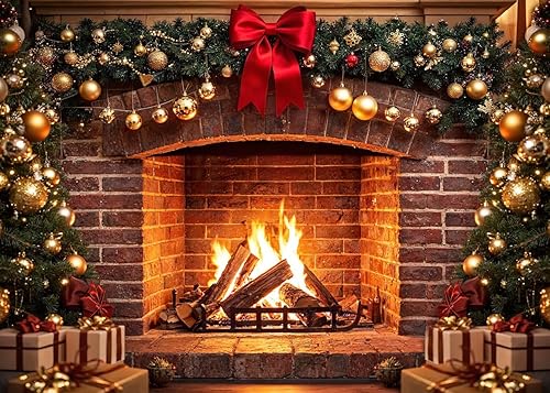 LYCGS Fondo de fotografía de chimenea de Navidad de 7 x 5 pies, telón de fondo vintage para chimenea, árbol de Navidad, calcetín de árbol de