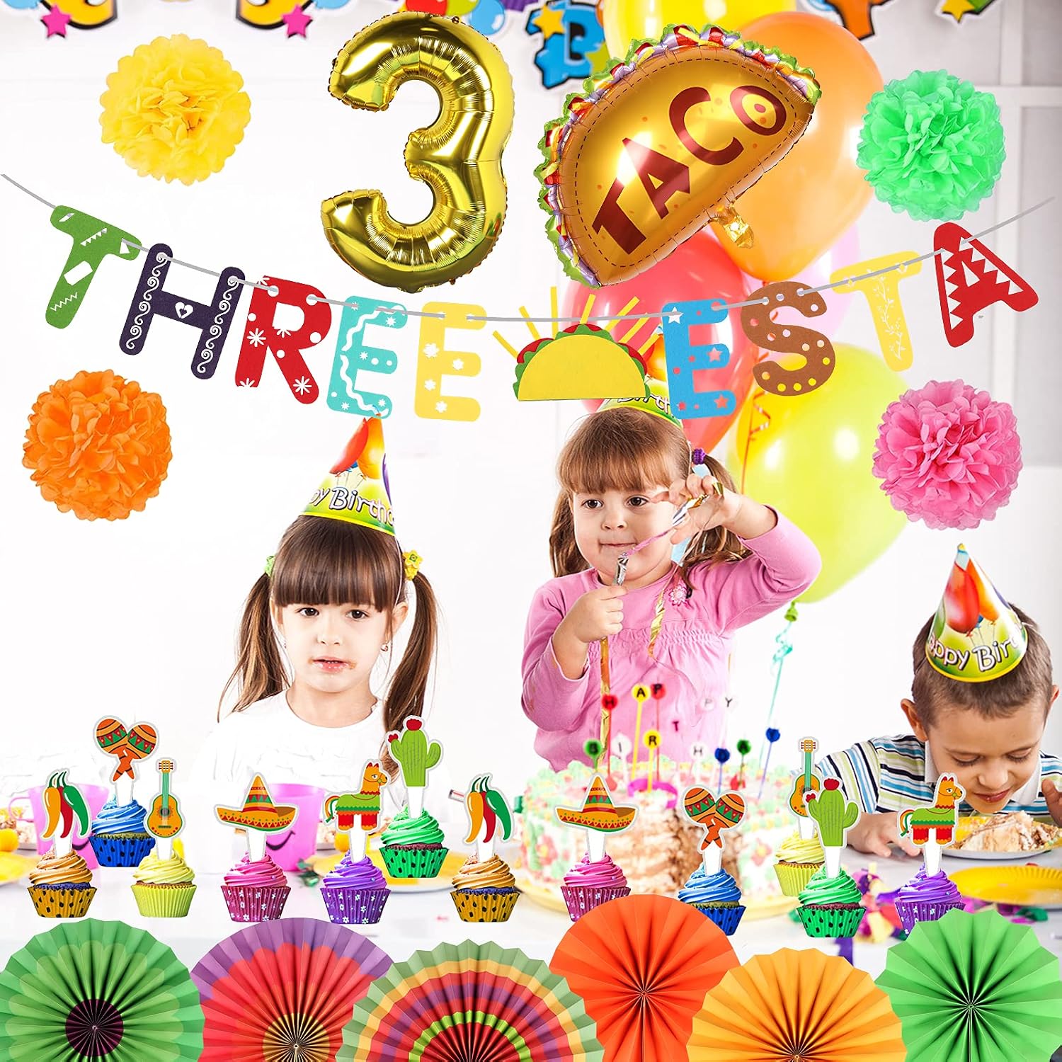 Mexican Third Birthday Party Decoration, Three-Esta Party Fiesta Decorations, 3rd Birth Cinco De Mayo Mexican Themed Taco Party Decorations with Fiesta Paper Fans and Tissue Pom Paper Flowers for Baby