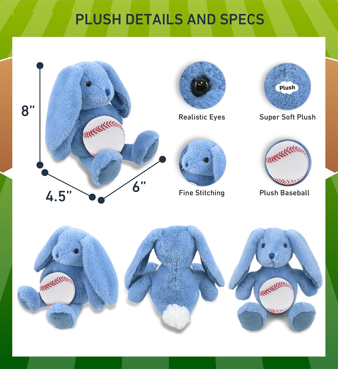 DolliBu Baby Blue Rabbit Stuffed Animal with Baseball Plush - Huggable Farm Life Stuffed Rabbit with Plush Baseball Toy Gift for Kids and Adults - 8 Inches