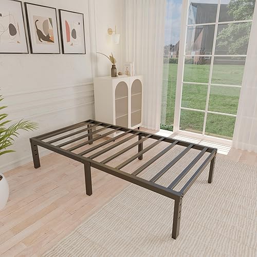 Miniatura 7 de ALDRICH Marco de cama gemelar de metal de 14 pulgadas – Plataforma de listones de acero básico negro individual, montaje fácil, marcos de cama
