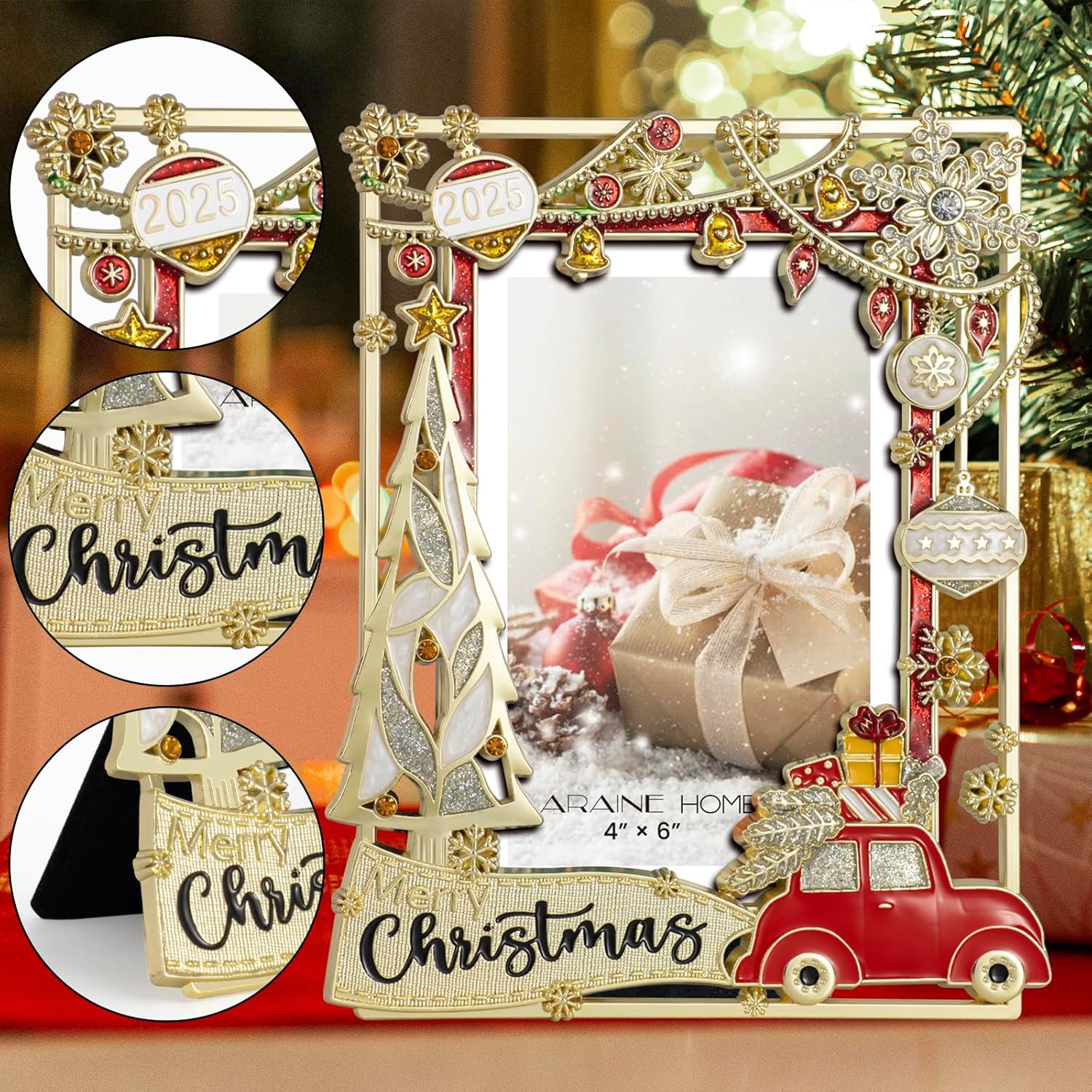 LARAINE Picture Photo Frame 4x6 Metal 2025 Christmas Red Car High Definition Display Pictures for Tabletop Home Decorative Holiday Gift (Gold (2025))