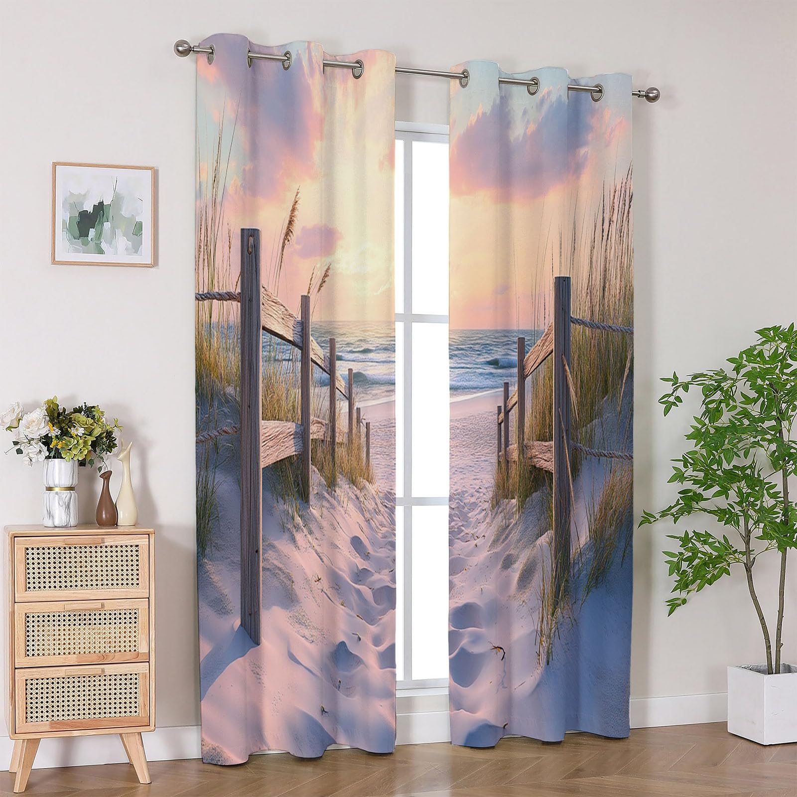 Cortinas Habitacion Estampadas Flores Grises Paisaje Natural de Playa Visillos Cortos para Ventanas Salón Moderno Dormitorio Juvenil-300Al x 140An cm (2 Paneles)