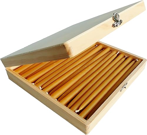 Velas 100% de cera de abeja de 2 horas orgánicas hechas a mano, 7 1/4 pulgadas de alto, 3/8 pulgadas de diámetro (paquete de 36), caja de madera