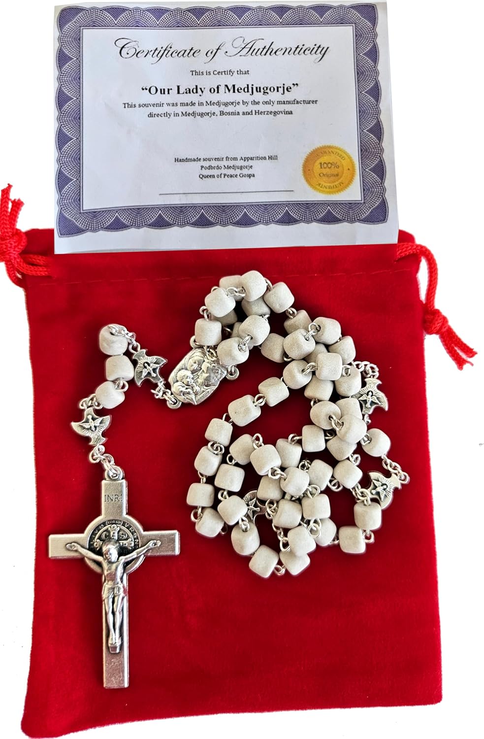 Holy Land Market Medjugorje Stone Rosary - Hand-Carved Apparition Hill Stones, Our Lady Medjugorje, 20 in, Silver Beads