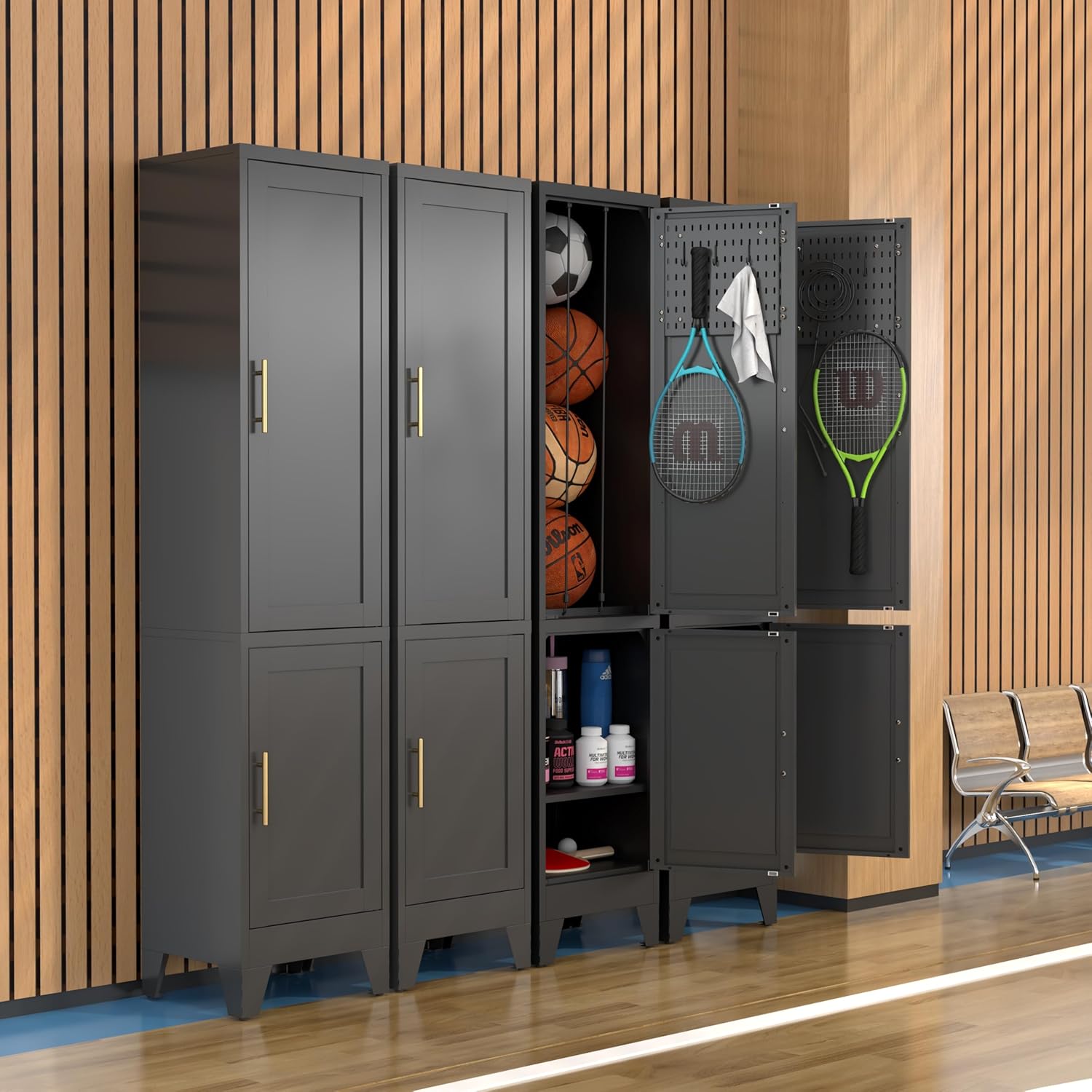 Sports Equipment Storage Locker Cabinet, 71" Tall Metal Organizer, Elastic Cord Ball Holder, Pegboard Door with 5 Hooks, Shoe Compartments, Golf Clubs, Anti Tip, Garage Mudroom Home Gym