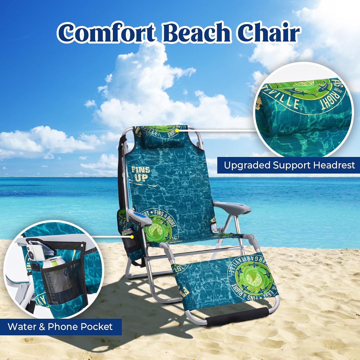 Portable Camping Beach Chair for Adults, Outdoor Lay Flat Beach Lounge Chair Folding Chairs with Footrest, Backpack Chair with Towel Bar, Cooler Pouch, Cup Holder, Geometric Green