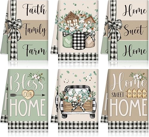 Miniatura 1 de SmoothNovelty Juego de 6 toallas de cocina primaverales con hojas de eucalipto, toalla de mano verde de granja, 21.3 x 14.2 pulgadas, paños de té de