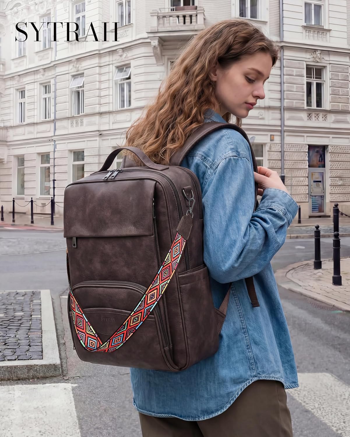 SYTRAH Leather Laptop Backpack, 15.6 Inch Business Computer Bag, Designer College Backpack Travel Backpack with Colorful Shoulder Bag Strap Dark Coffee
