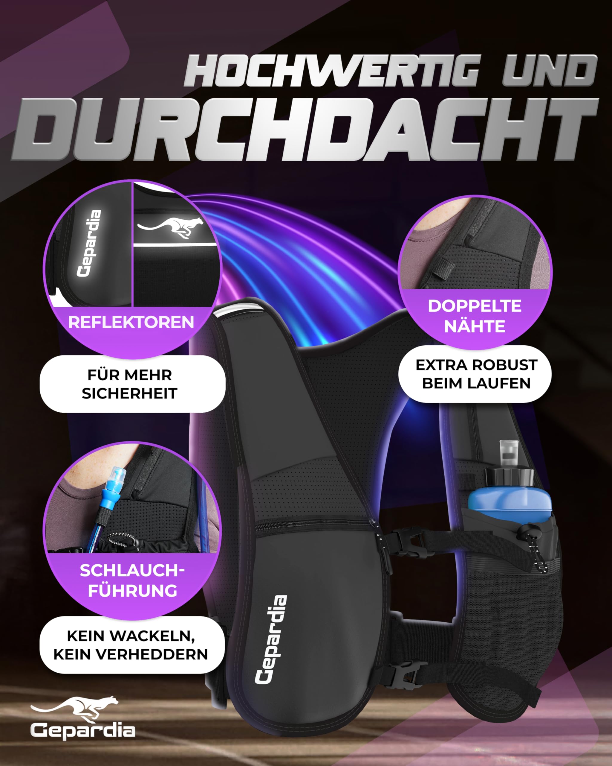 Laufweste Damen mit Trinkflasche – Ultraleicht, reflektierend, viel Stauraum, Softflask 500 ml inkl., für Running, Joggen, Wandern & Trail