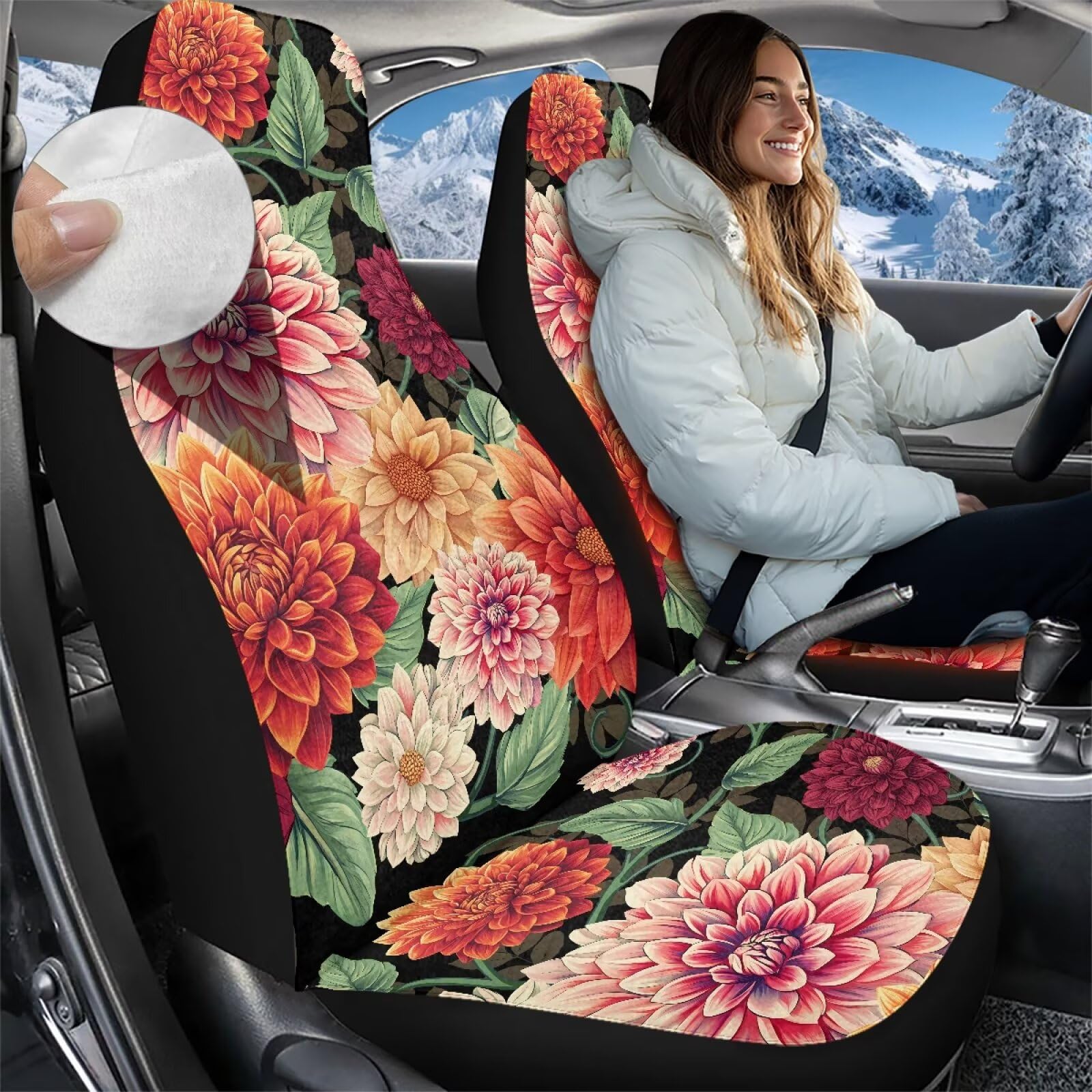 Flanella anteriore Autositzbedeckungen Boho Dahlia Blumenblumen Fuzzy Fluffy Front Eimer Sitzbedeckung Warme gemütliche Satteldecke Kissen Abdeckung Auto Innenraum Zubehör