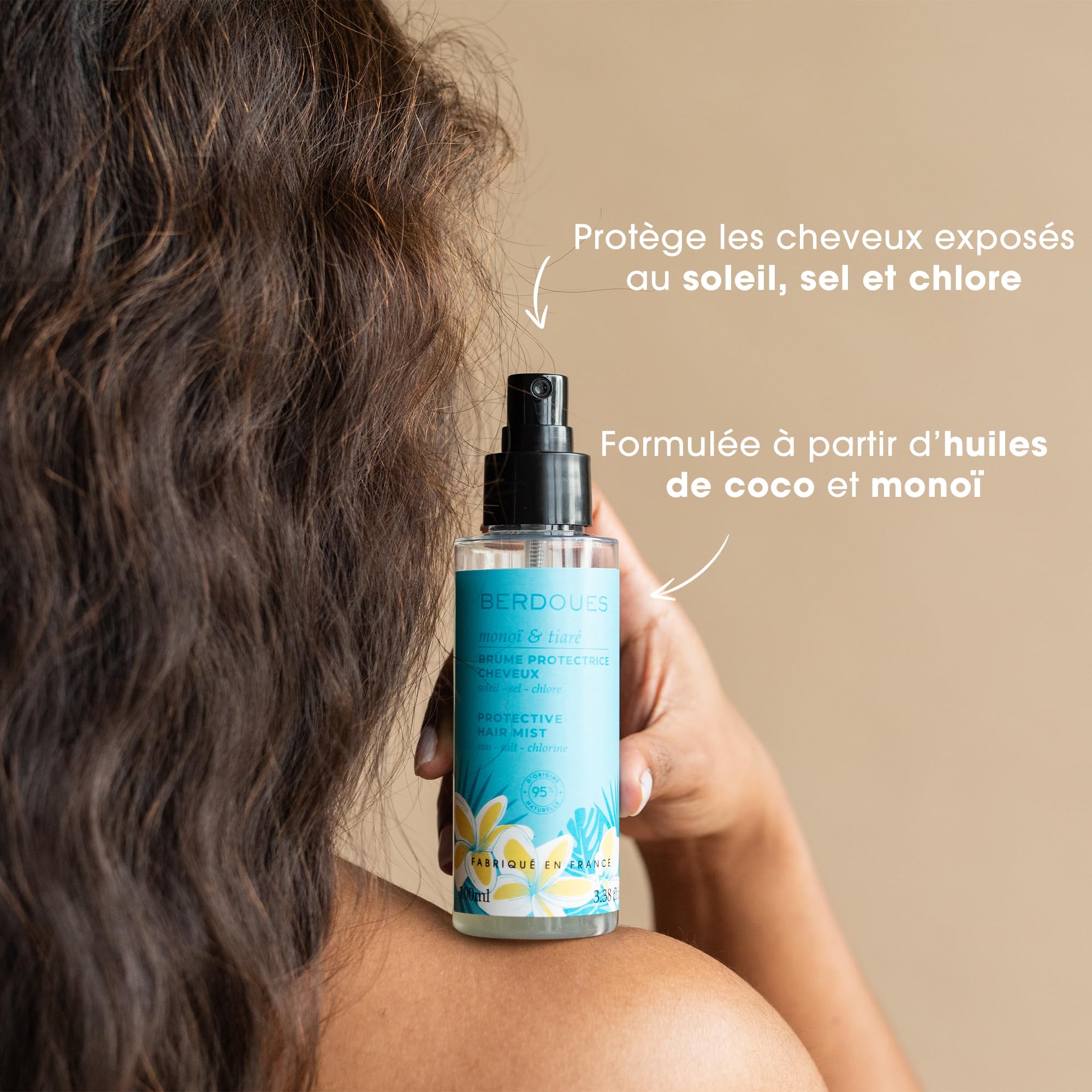 BERDOUES - Brume parfumée protectrice cheveux 100 ml + Gel douche 200 ml. Parfum Monoï Tiaré. Parfum femme, 95% d'origine naturelle. Vegan, Made in France.