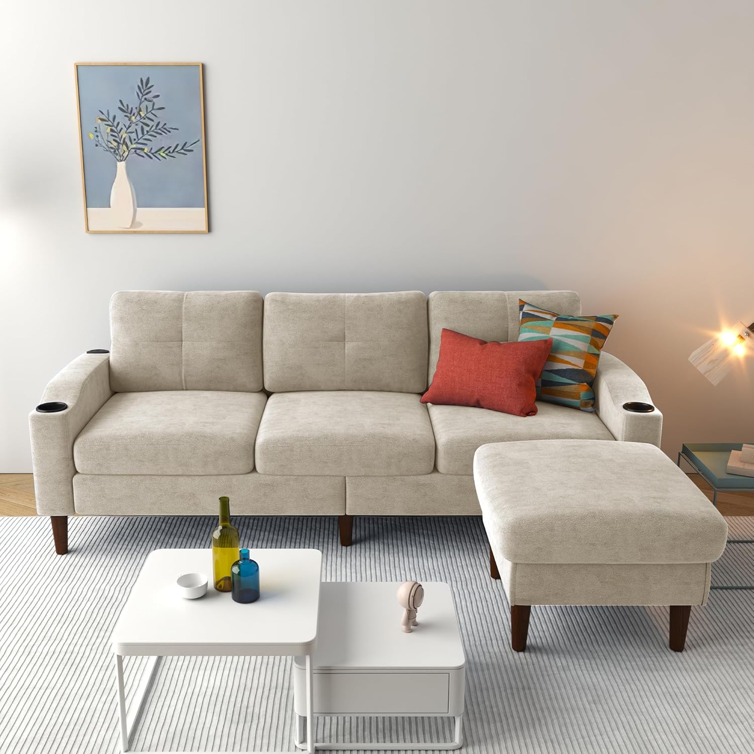 Sofa Couch, Sectional Couch Home Sofa for Living Room 3 Seater, Lounge Sofas with Ottoman & USB Charging & Cup Holders, L Shaped Modular Sectional Sofas for Office/Small Space, Black