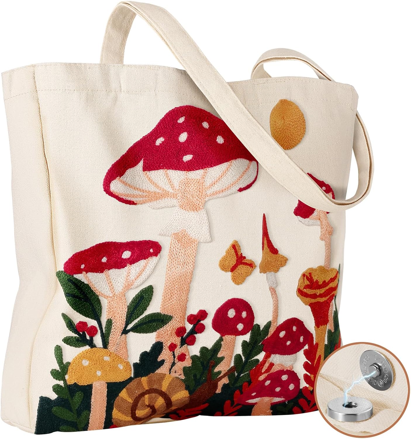 Embroidery Canvas Tote Bag for Women - Reusable Tote with Buckle Aesthetic Cute Shoulder Bag for Shopping, Grocery